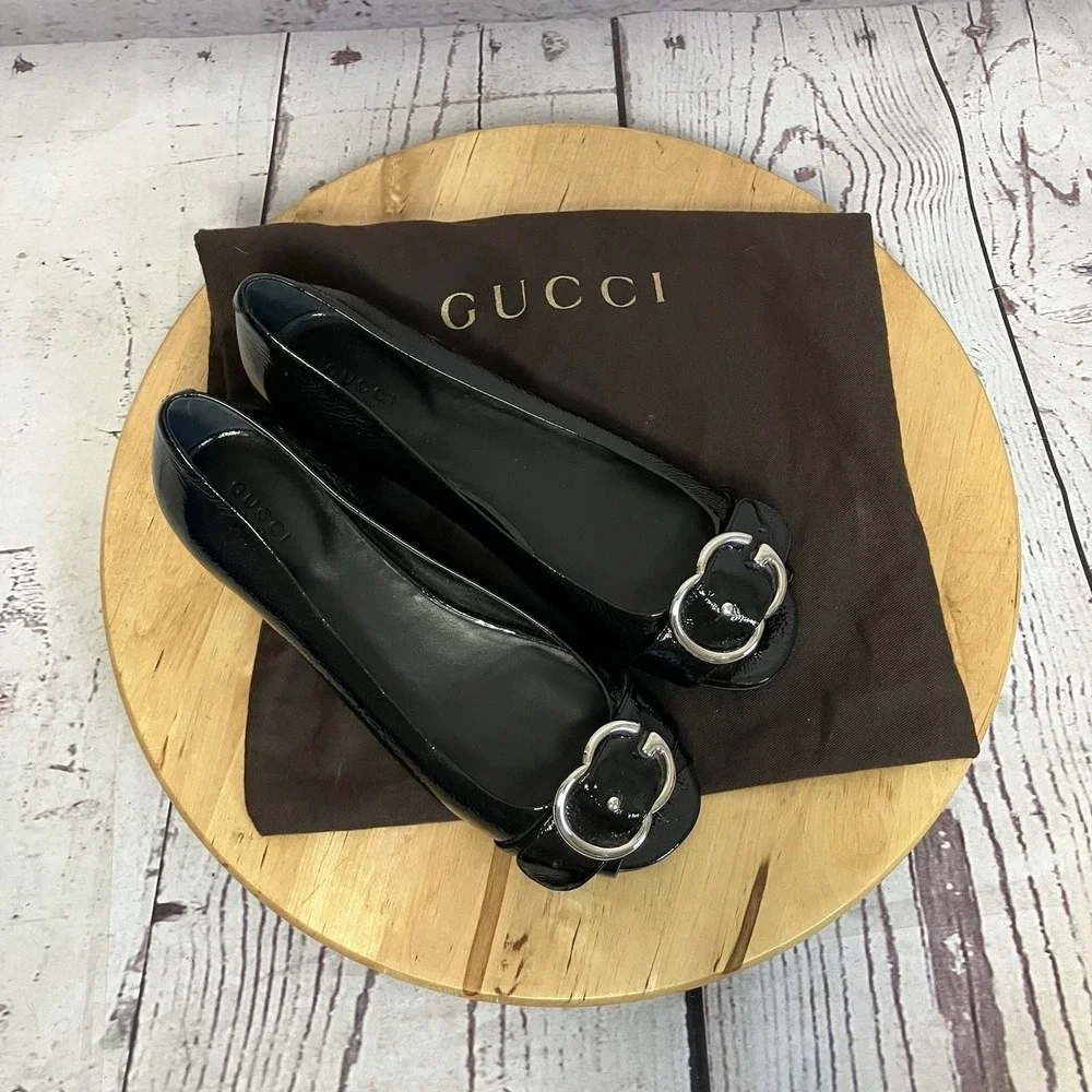 Gucci Ballet‎ Flats Womens Size 37EU 7US Black Leather Buckle Peep Toe